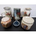 A Collection of Studio pottery to include cockerel design water jug, preserve pot and vases etc