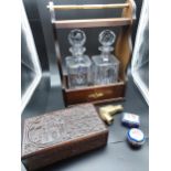 Vintage Tantalus containing to crystal decanters, Two hand painted limoge trinket boxes, Brass horse