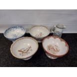 A Lot of 5 various Antique Scottish porcelain tazza's/ Fruit Bowls and Stag design water jug.
