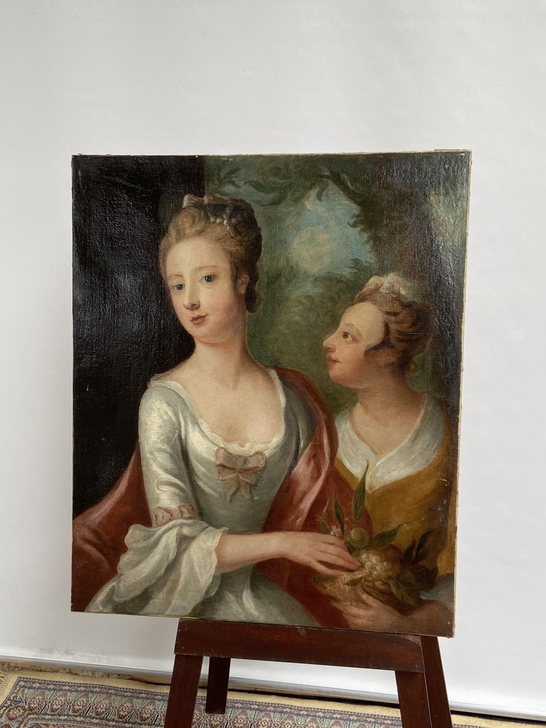 An 18th/19th century oil painting on canvas depicting two ladies posing [74x61cm] - Image 6 of 8