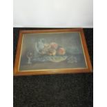 A 19th century oil painting on canvas depicting still life fruit bowl, water jug and glass of