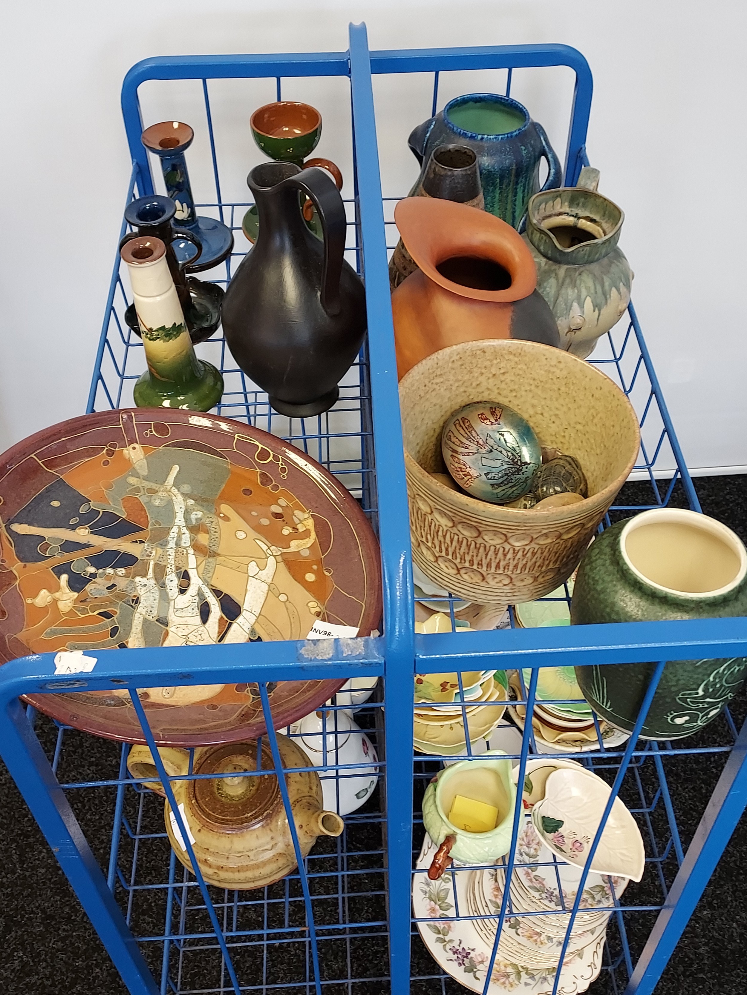 A Trolley containing a collection of porcelain wares to include Bretby art deco vase, Austrian