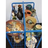 A Trolley containing a collection of porcelain wares to include Bretby art deco vase, Austrian