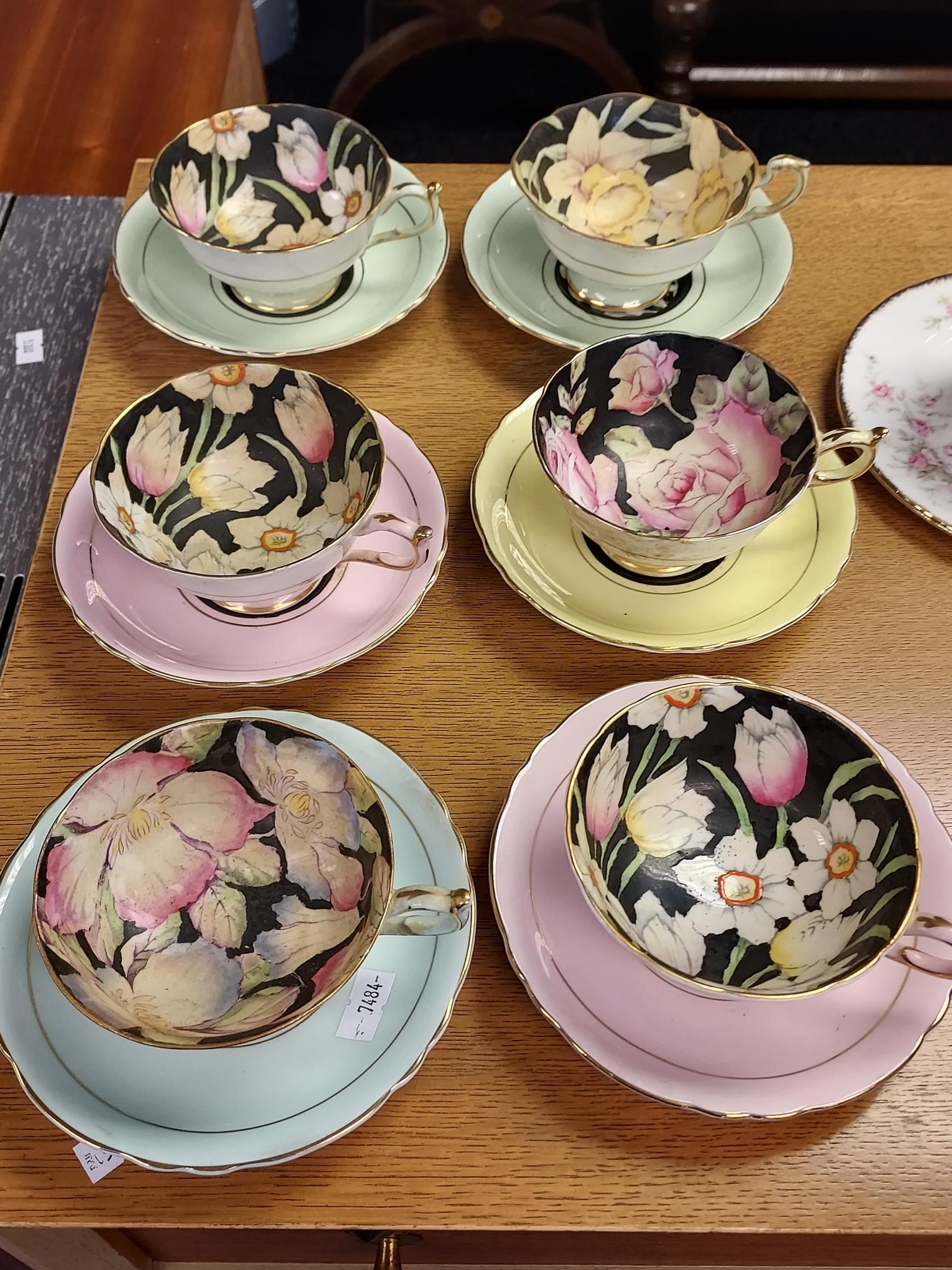 An Antique Paragon floral design Harley Quinn cups and saucer set together with Three Royal - Image 2 of 5