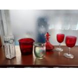 A Selection of Art Glass to include Cranbury glass glasses, wine cooler, Ruby glass perfume