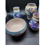 A Lot of four early Poole pottery hand painted floral and bird design vases and bowl.