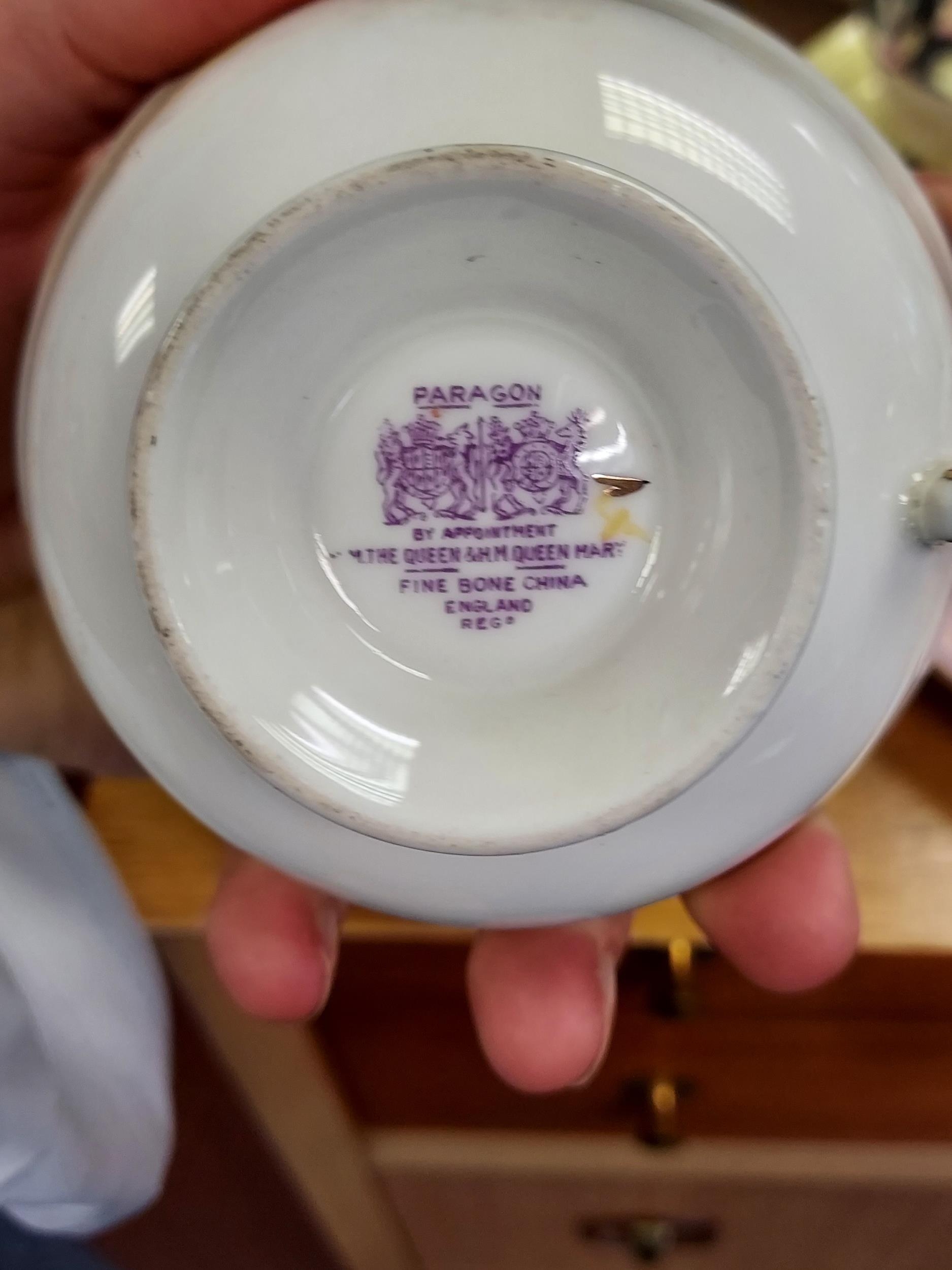 An Antique Paragon floral design Harley Quinn cups and saucer set together with Three Royal - Image 3 of 5