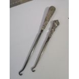 TWO BIRMINGHAM SILVER HANDLE BUTTON HOOKS. 1911 CRISFORD AND NORRIS LTD AND AIDE AND LOVEKIN 1909.