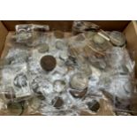 A Box containing a quantity of antique and vintage coinage includes various silver coins and foreign