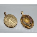 Antique Yellow metal, seed pearl and amethyst mourning locket together with a gilt metal mourning