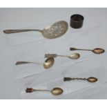 A Birmingham silver serving spoon, Small London silver ladle, four silver marked tea spoons and