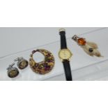 An Edinburgh silver claw brooch, Vintage bead and gilt metal brooch, Sekonda watch and a pair of