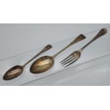 A London silver fork, spoon and tea spoon