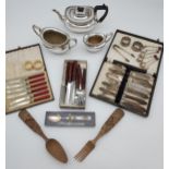A Selection of Silver plated and E.P Wares to include three piece tea service, coffee bean spoons,