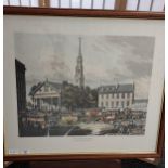 An 19th century coloured engraving titled 'New York in 1831 Broadway St Pauls Church' [Frame