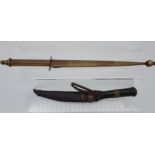 A Leather handle and sheath tribal knife made with a copper blade, Together with an Indian brass and