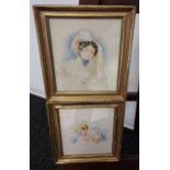 A Lot of two 19th century pencil and watercolour portraits of ladies. [Unsigned] Fitted within