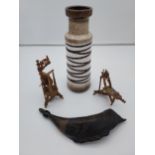A West German Vase and two treen hand made spinning wheels and horn drinking cup