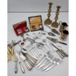 A Selection of German silver plated and WMF flatwares to include push brass candlesticks, Cake slice