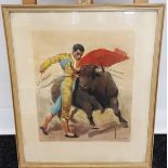 After Tuser A Mid century print/ lithograph? of a matador fighting a bull. [Frame measures 59x49cm]