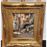 A Vintage oil painting on board depicting foreign market place. Signed by the artist. [Gilt frame