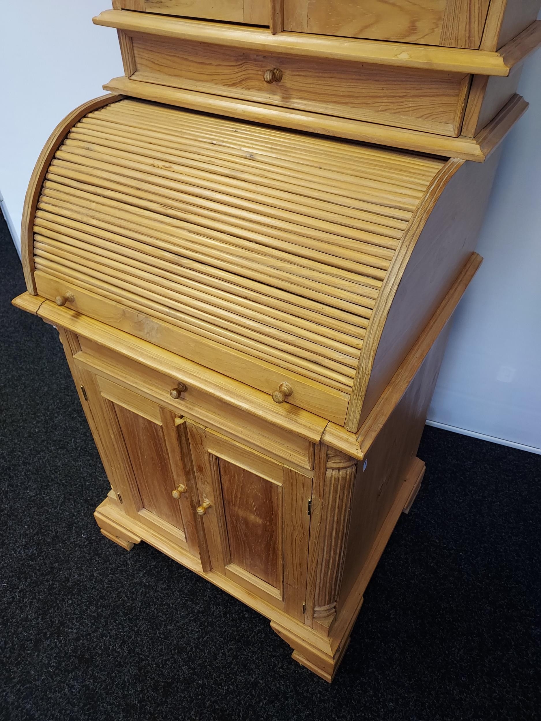 Antique pine reproduction roll top writing desk with a bookcase top and storage base. [174x66x55cm] - Image 2 of 7