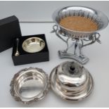 A Cast chrome plate centre piece bowl, serving tureen, wine coaster and Dansk baby bowl and spoon.