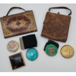 A Lot of vintage compacts and two clutch bags. Leather clutch bag designed with an English Rose