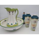 An Art Nouveau design water jug and wash bowl, A Pair of floral design hand painted vases and boy