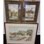 Three various watercolours, Evi J Carmichael- titled Fishing Village, the other two are of Edinburgh