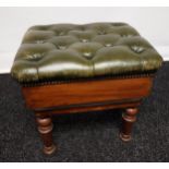 A 19th century rise and fall piano stool, designed with a green leather button top. Finished with