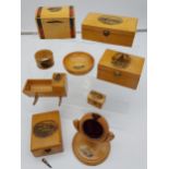 A Collection of 9 various Mauchline ware items to include cradle, tartan bank box, pocket watch