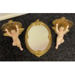 A 19th century small gilt framed wall mirror together with two antique hand painted and gilt