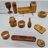A Collection of 12 various Mauchline ware items to include napkin rings, glasses holder, egg cup,