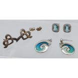 Ortak silver and enamel earrings, Ortak heart shaped earrings and a pair of blue stone silver