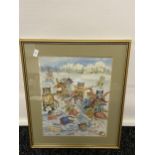 An early 20th century watercolour in the style of Louis Wain - cats playing on thin ice. Signed