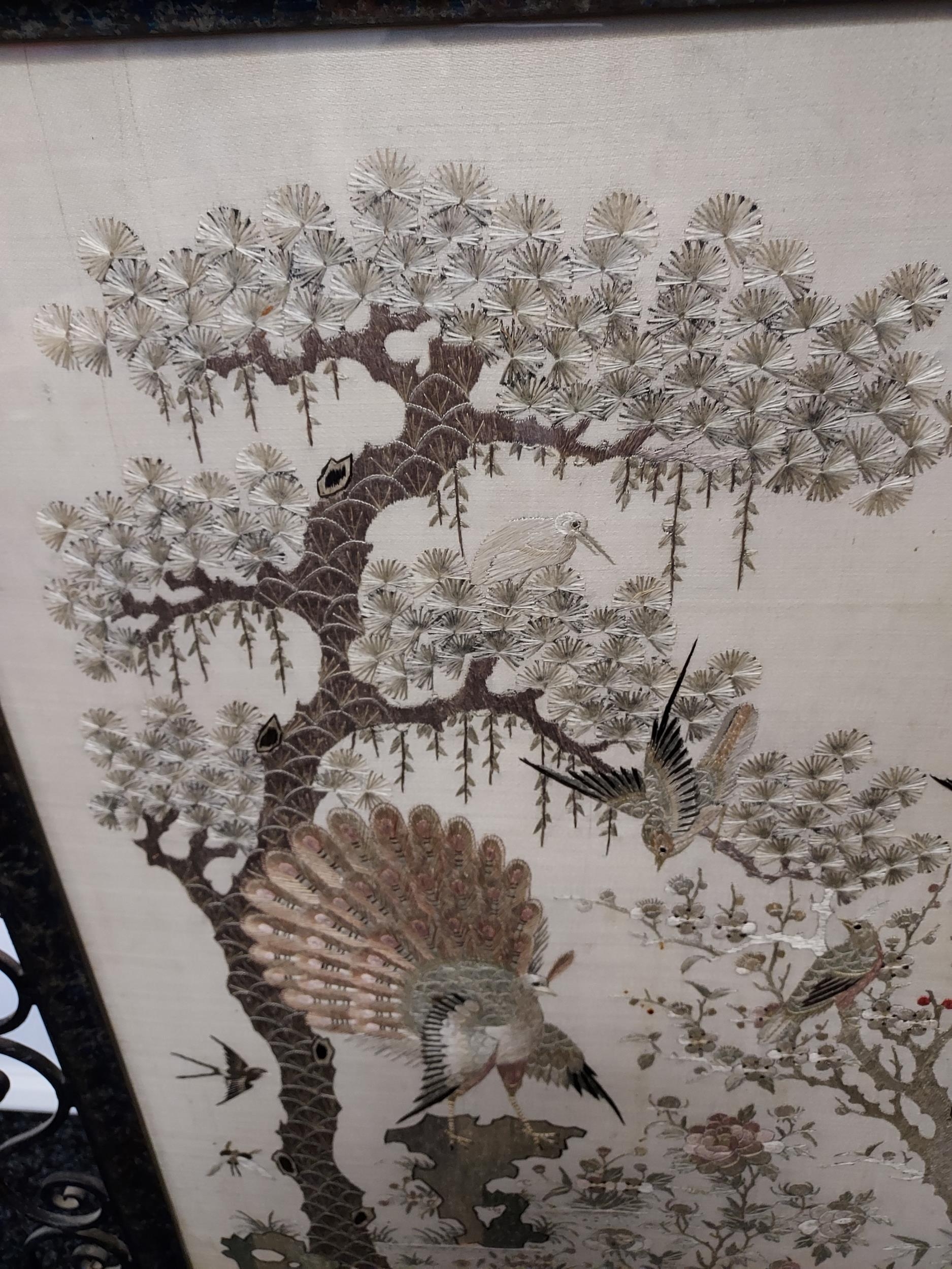 An 19th century Chinese/ Japanese silk tapestry depicting various bird flying and perched. Signed by - Image 5 of 6