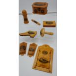 A Collection of 9 various Mauchline items to include matchstick holders, needle holders, Letter rack