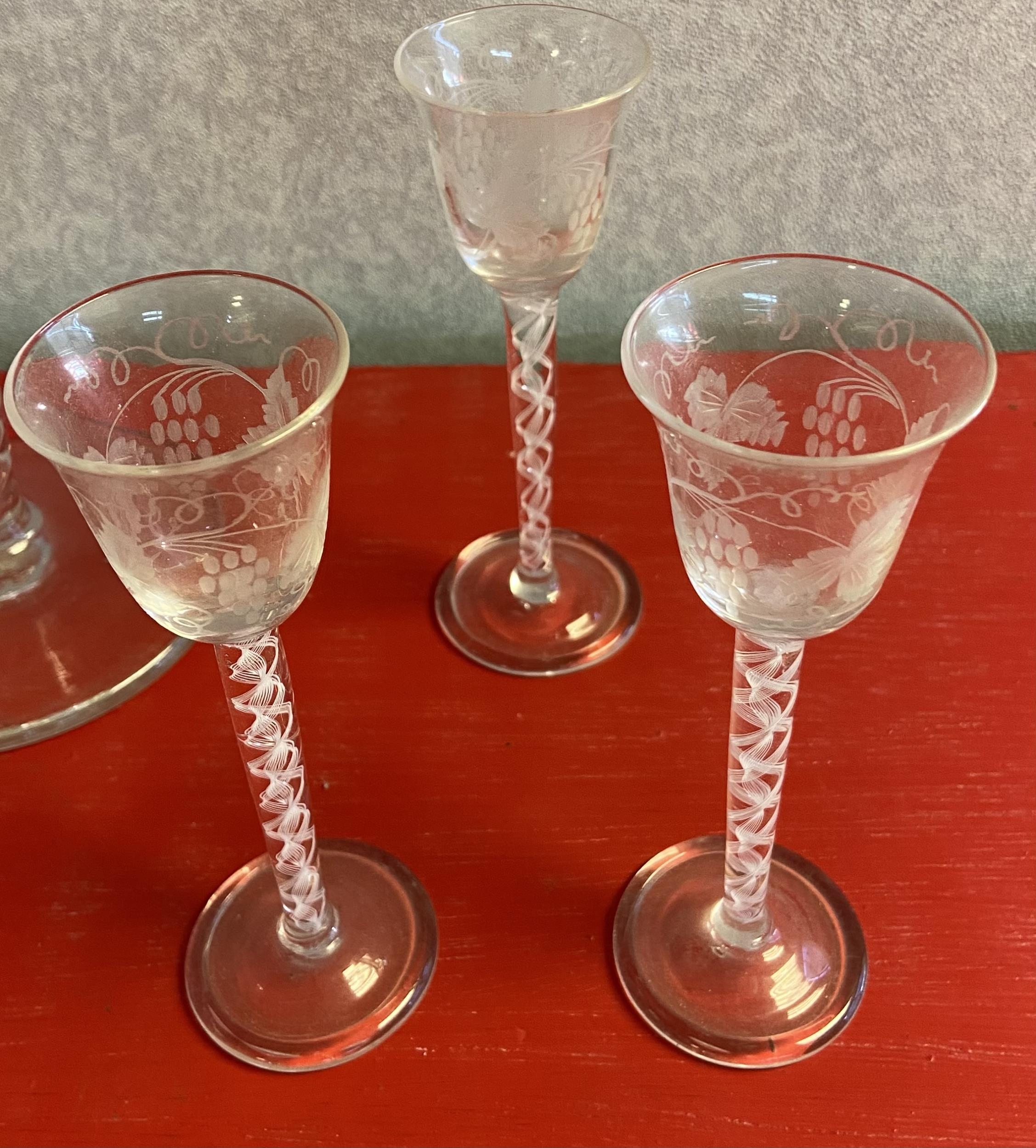 A Set of 6 twist stem free blown sherry glasses, etched with grape vines, Together with a large - Image 2 of 5