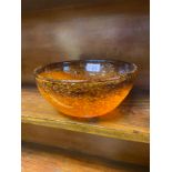 A Scottish Art glass bowl designed in orange, black with gold speckles. Possibly Monart. [10cm in