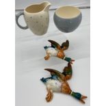 Two Beswick Flying ducks and Royal Winton sugar and cream.