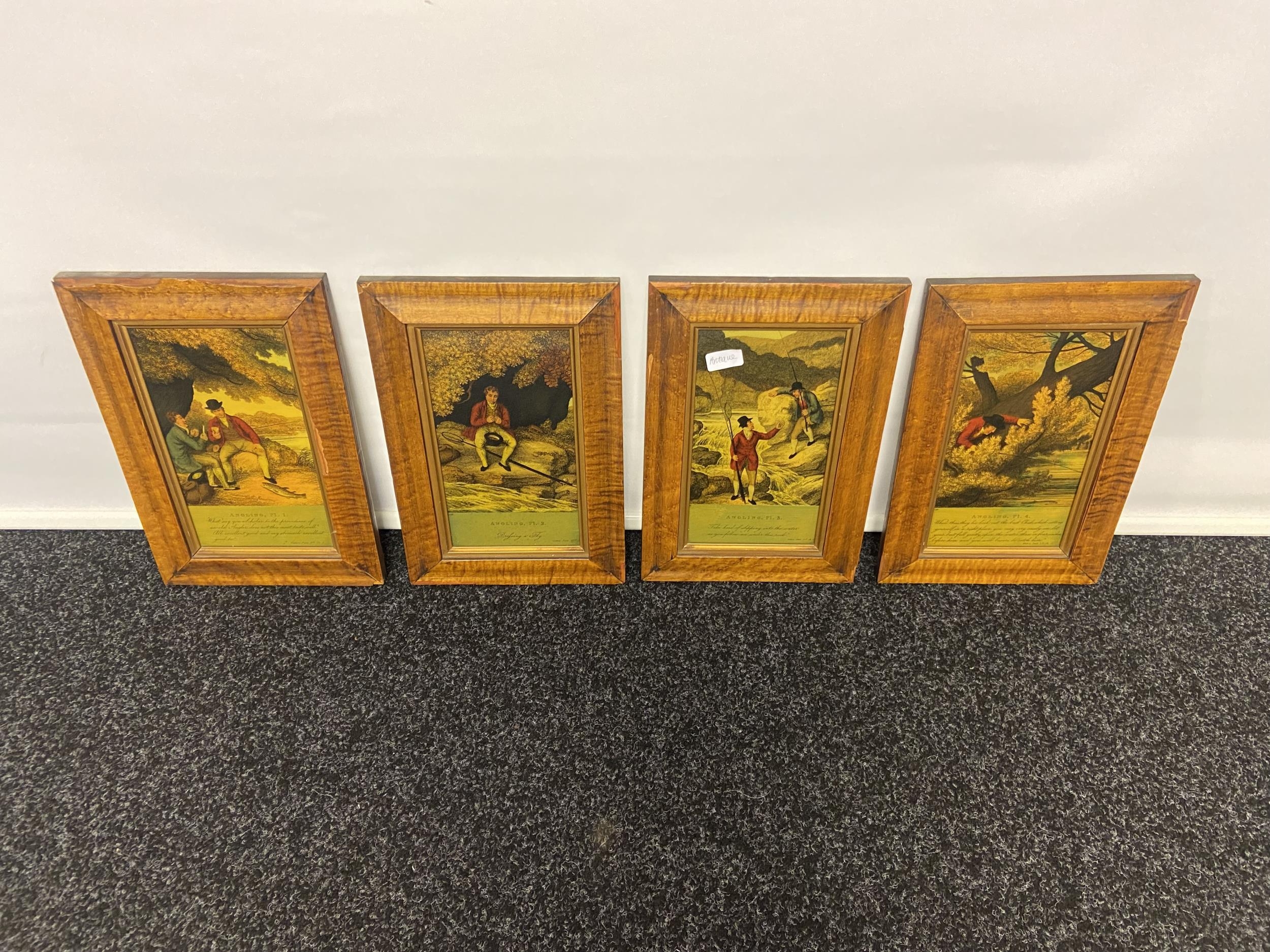 A Lot of four antique 18th/ 19th century four part angling story, painted panels. Fitted within Bird