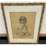 Antique pencil sketching of a young girl praying. Fitted within an ornate gilt frame. [64x51cm]