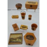 A Lot of 10 various pieces of Mauchline ware which includes puzzle box, pin cushion, small bucket