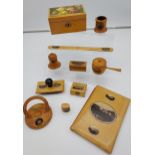 A Collection of 11 various pieces of Mauchline ware which includes Ring box, Blotter, Horse shaped