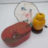 Antique Chinese Yellow glazed lamp base, Hand painted hand held fan and paper mache red lacquered