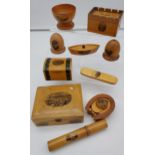 A Collection of 10 Mauchline Ware items to include tartan bank box, spectacle holder, horse shoe ink