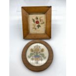 Two vintage framed tapestry with wooden frames. Includes bird eye maple frame- 23x21cm]