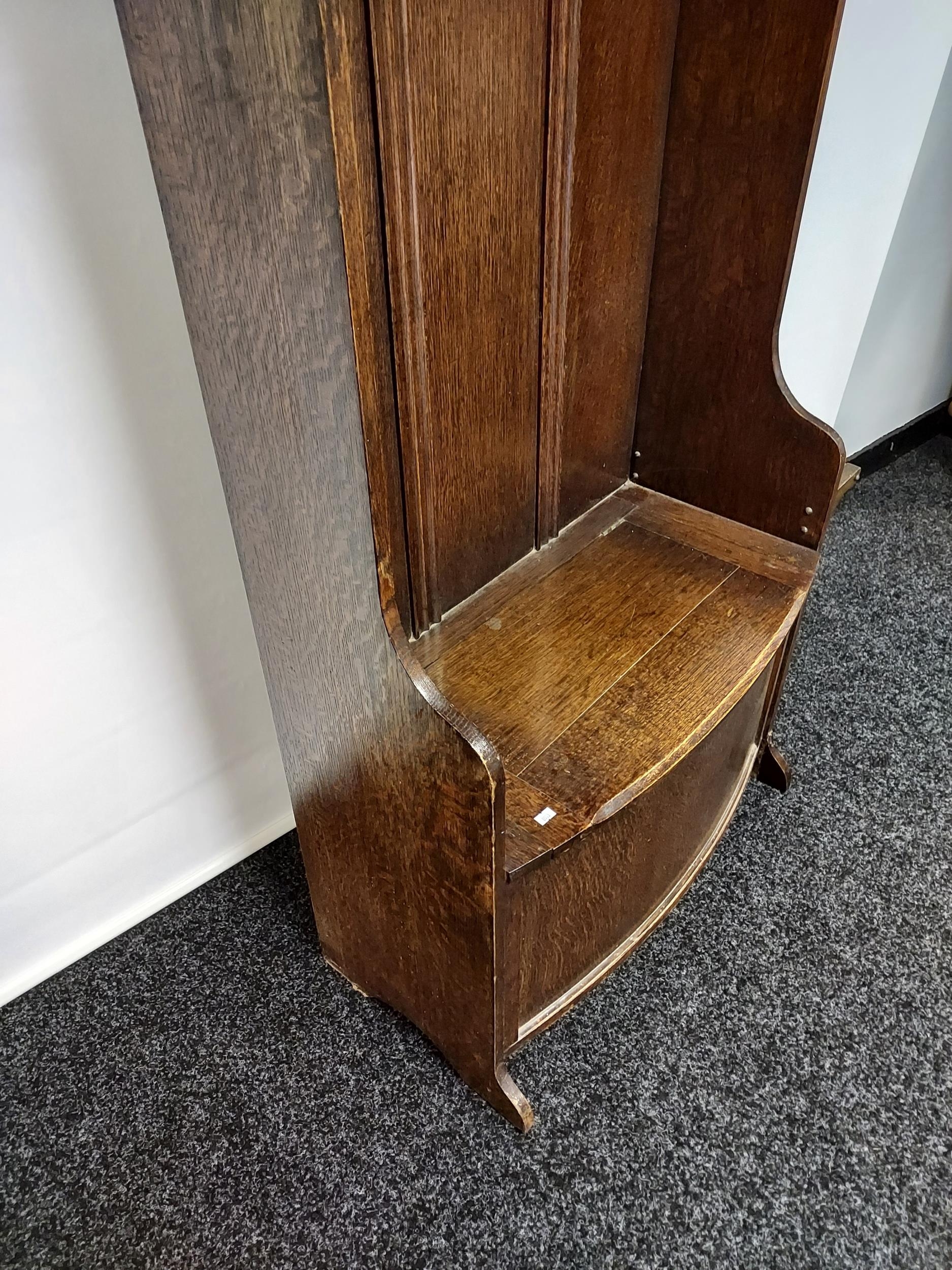 A nice example of an Art Deco oak, hall coat stand. Designed with a circular mirror, and lift up - Image 4 of 6