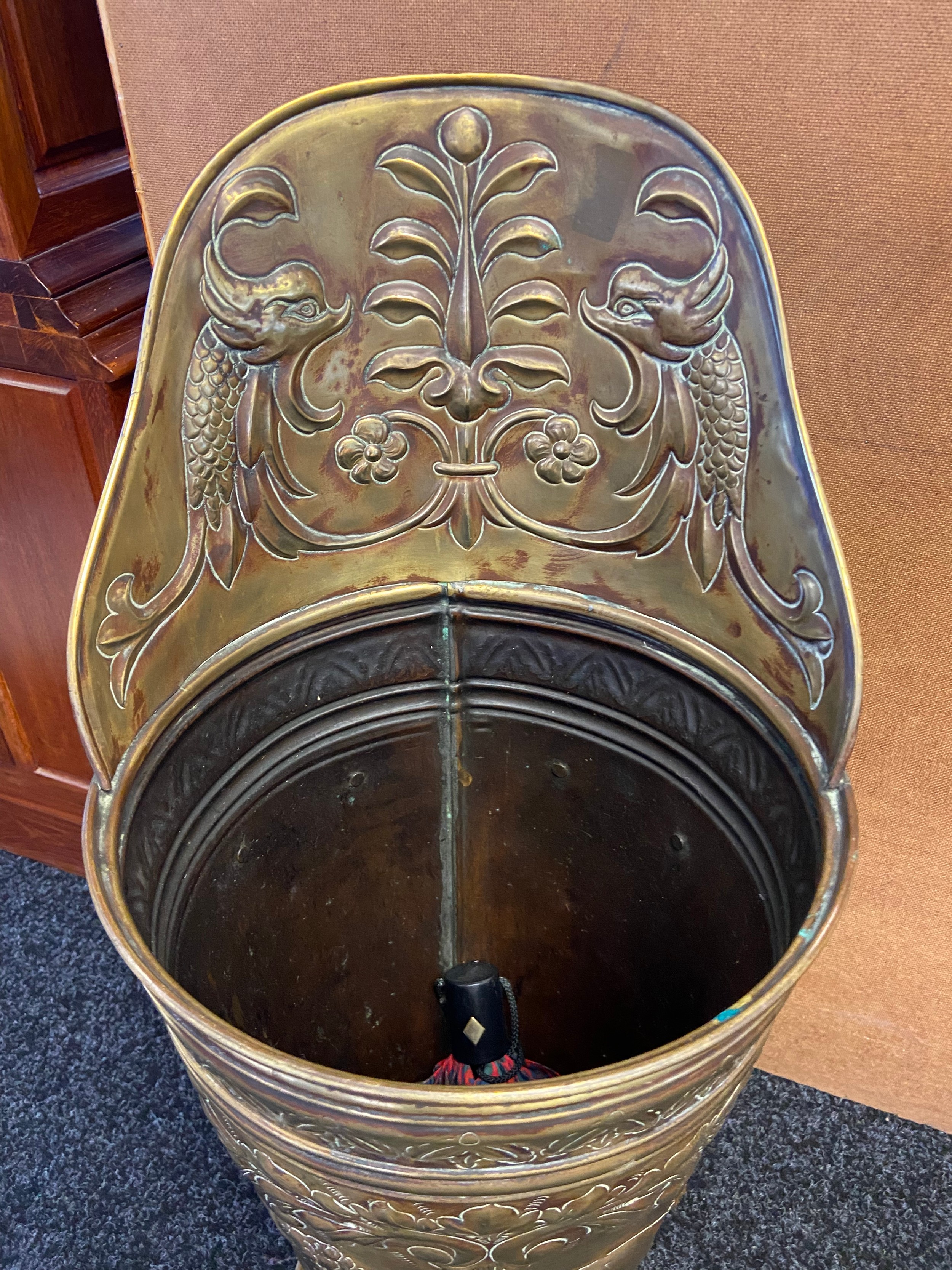 A Late 19th century Arts and crafts brass worked coal scuttle/ stick stand. [82cm in height] - Image 3 of 3